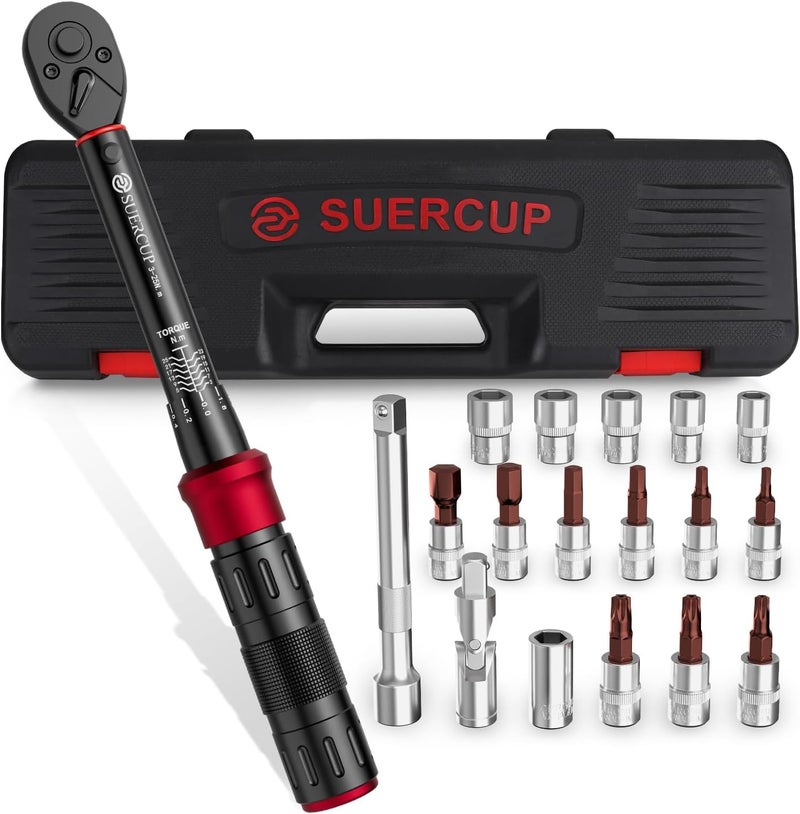 SUERCUP 1/4-Inch Drive Click Torque Wrench, 18 PCS Bike Torque Wrench Set 3-25Nm, Dual-Direction Adjustable 72 Tooth Click Torque Wrench, Used for Bicycle Maintenance - Image 1